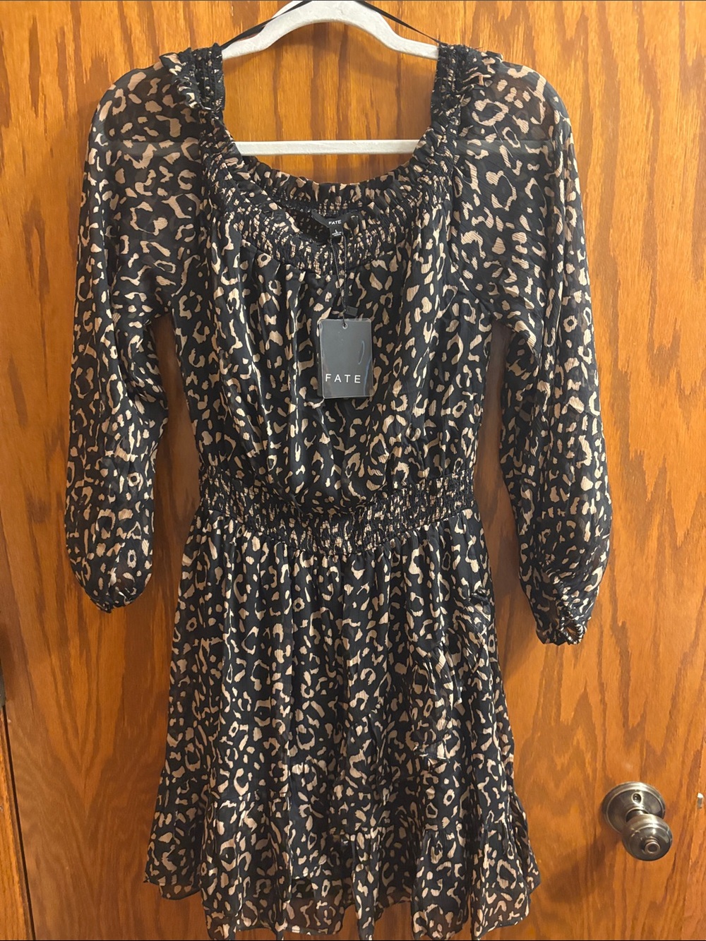 Fate Black and Tan Leopard-Print Long Sleeve Smocked Dress